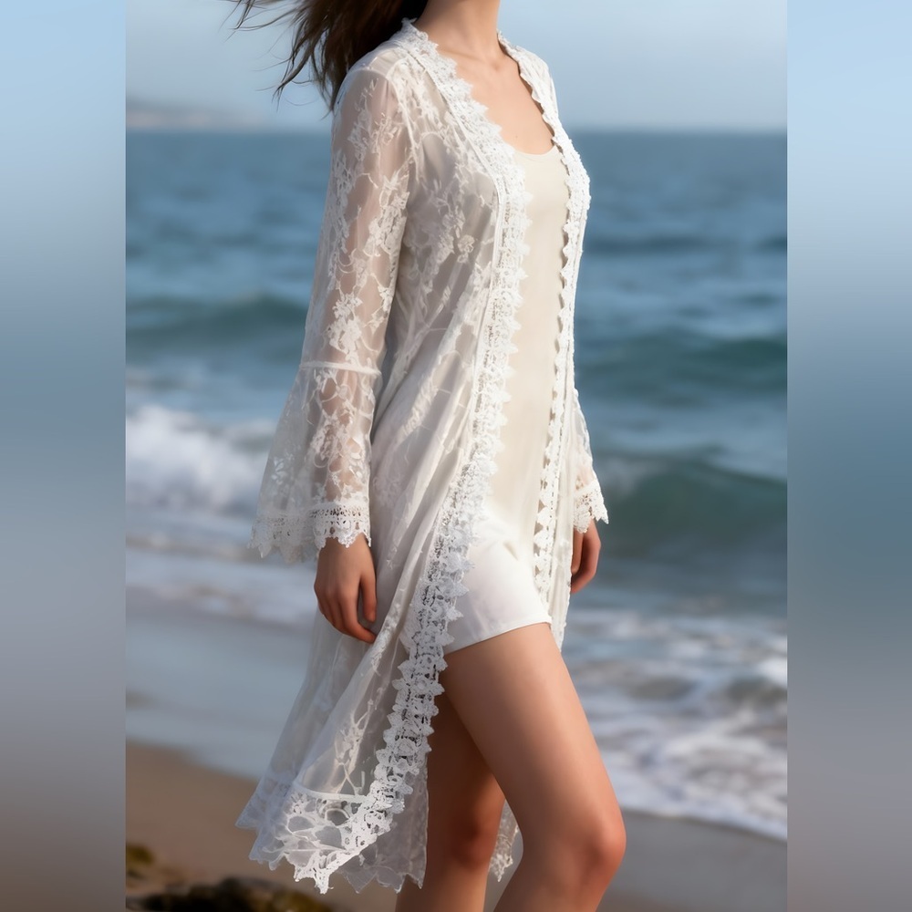 White Lace Kimono Duster Cardigan Coverup